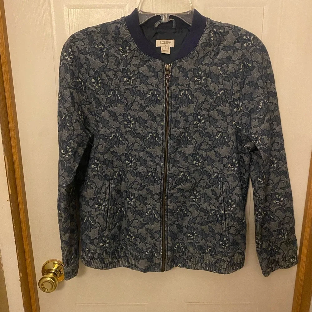 J. Crew Navy Floral Jacquard Zip Bomber Jacket